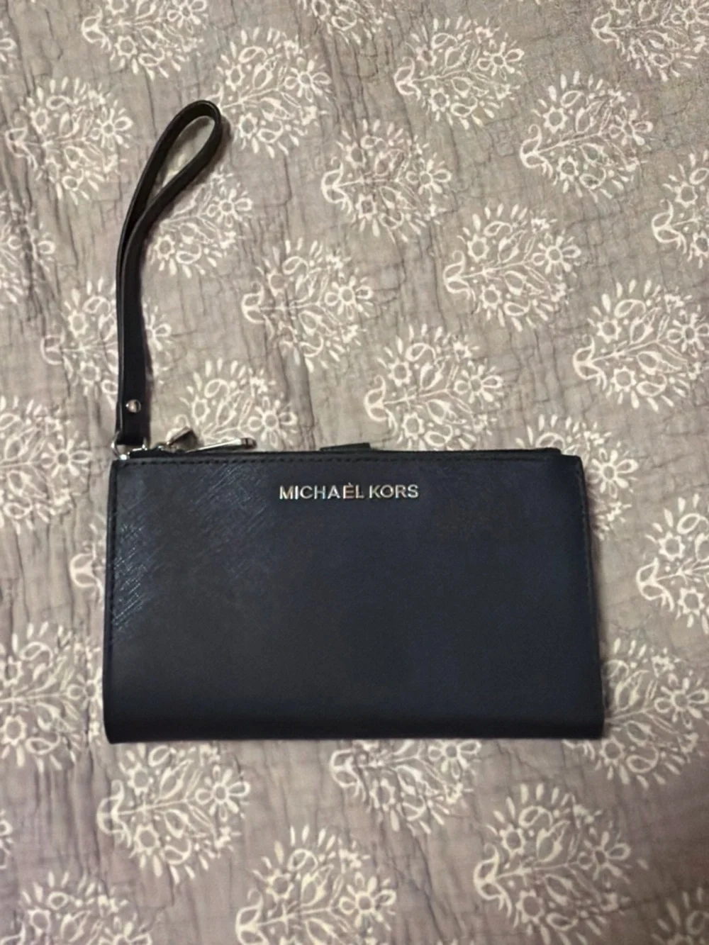 Michael Kors Black Leather Wristlet Pouch with Gold Logo